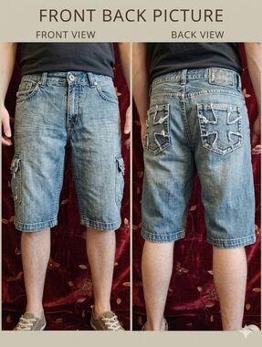 Helix Men's Distressed Denim Shorts - Y2K Style Cross Back Pockets